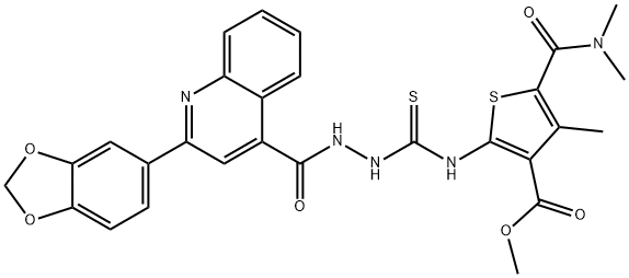 methyl 2-(2-(2-(benzo[d][1,3]dioxol-5-yl)quinoline-4-carbonyl)hydrazinecarbothioamido)-5-(dimethylcarbamoyl)-4-methylthiophene-3-carboxylate 化学構造式