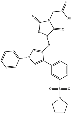 2-[(5Z)-4-oxo-5-[[1-phenyl-3-(3-pyrrolidin-1-ylsulfonylphenyl)pyrazol-4-yl]methylidene]-2-sulfanylidene-1,3-thiazolidin-3-yl]acetic acid Struktur