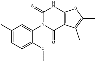 Thieno[2,3-d]pyrimidin-4(1H)-one, 2,3-dihydro-3-(2-methoxy-5-methylphenyl)-5,6-dimethyl-2-thioxo- Structure