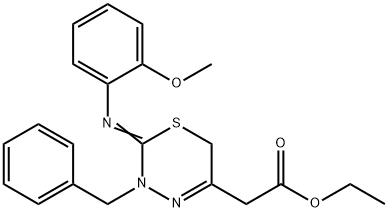 2H-1,3,4-Thiadiazine-5-acetic acid, 3,6-dihydro-2-[(2-methoxyphenyl)imino]-3-(phenylmethyl)-, ethyl ester Struktur