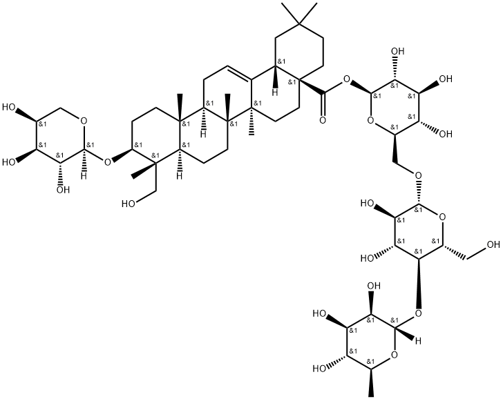 3-O-alpha-L-Arabinopyranosylhederagenin 28-O-alpha-L-rhamnopyranosyl-(1->4)-beta-D-glucopyranosyl-(1->6)-beta-D-glucopyranosyl ester Struktur
