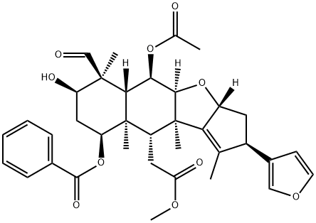 2H-Cyclopenta[b]naphtho[2,3-d]furan-10-acetic acid, 5-(acetyloxy)-9-(benzoyloxy)-6-formyl-2-(3-furanyl)-3,3a,4a,5,5a,6,7,8,9,9a,10,10a-dodecahydro-7-hydroxy-1,6,9a,10a-tetramethyl-, methyl ester, (2R,3aR,4aS,5R,5aR,6S,7R,9S,9aR,10R,10aR)-,768396-28-7,结构式