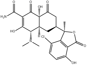 2-Naphthalenecarboxamide, 6-[(1R)-7-chloro-1,3-dihydro-4-hydroxy-1-methyl-3-oxo-1-isobenzofuranyl]-4-(dimethylamino)-1,4,4a,5,6,7,8,8a-octahydro-3,8a-dihydroxy-1,8-dioxo-, (4S,4aS,6S,8aS)- Struktur