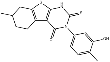 3-(3-hydroxy-4-methylphenyl)-7-methyl-2-sulfanylidene-5,6,7,8-tetrahydro-1H-[1]benzothiolo[2,3-d]pyrimidin-4-one 化学構造式
