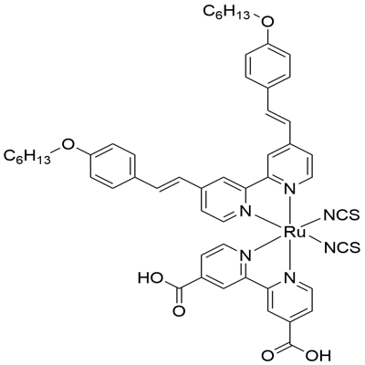 Ru(4,4-dicarboxylic acid-2,2′-bipyridine)(4,4′-bis(p-hexyloxystyryl)-2,2-bipyridine)(NCS)2 Structure