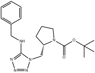 1-Pyrrolidinecarboxylic acid, 2-[[5-[(phenylmethyl)amino]-1H-tetrazol-1-yl]methyl]-, 1,1-dimethylethyl ester, (2S)- 化学構造式