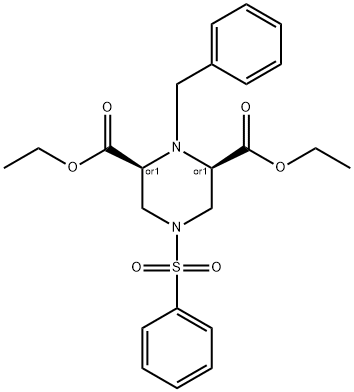 2,6-Piperazinedicarboxylic acid, 1-(phenylmethyl)-4-(phenylsulfonyl)-, 2,6-diethyl ester, (2R,6S)-rel- Structure