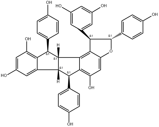 Indeno[1',2':2,3]indeno[5,4-b]furan-5,8,10-triol, 1-(3,5-dihydroxyphenyl)-1,2,6,6a,11,11a-hexahydro-2,6,11-tris(4-hydroxyphenyl)-, (1R,2R,6R,6aR,11R,11aR)-rel-(+)- Struktur