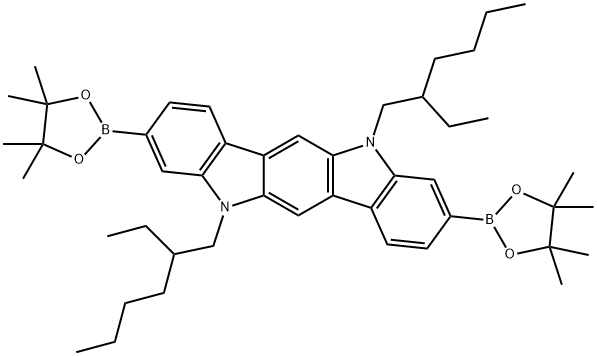 5,11-双(2-乙基己基)-3,9-双(4,4,5,5-四甲基-1,3,2-二氧杂硼烷-2-基)-5,11-二氢吲哚[3,2-B]咔唑, 882066-06-0, 结构式