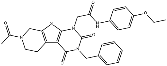 2-{11-乙酰基-4-苄基-3,5-二氧代-8-硫-4,6,11-三氮杂三环[7.4.0.0,2,7]十三烷-1(9),2(7)-二烯-6-基}-N-(4-乙氧基苯基)乙酰胺,902903-59-7,结构式