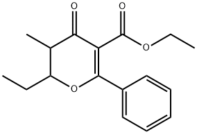 2H-Pyran-5-carboxylic acid, 2-ethyl-3,4-dihydro-3-methyl-4-oxo-6-phenyl-, ethyl ester Struktur