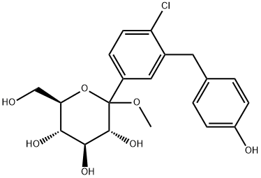 D-Glucopyranoside, methyl 1-C-[4-chloro-3-[(4-hydroxyphenyl)methyl]phenyl]- 化学構造式