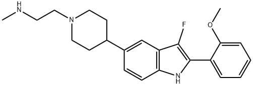 (2-{4-[3-Fluoro-2-(2-methoxy-phenyl)-1H-indol-5-yl]-piperidin-1-yl}-ethyl)-methyl-amine 化学構造式