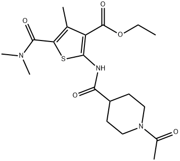 ethyl 2-(1-acetylpiperidine-4-carboxamido)-5-(dimethylcarbamoyl)-4-methylthiophene-3-carboxylate Struktur