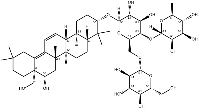 [16β,28-Dihydroxy-11,12,13,18-tetradehydrooleanan-3β-yl]4-O-(6-deoxy-α-L-mannopyranosyl)-6-O-(β-D-glucopyranosyl)-β-D-glucopyranoside Struktur