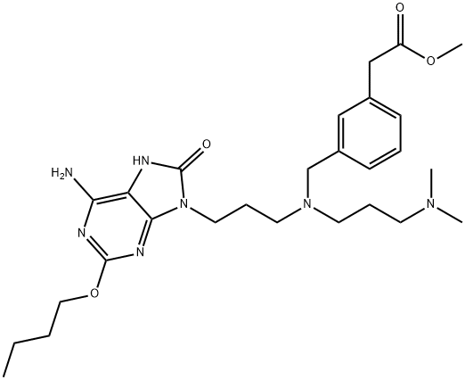 Benzeneacetic acid, 3-[[[3-(6-amino-2-butoxy-7,8-dihydro-8-oxo-9H-purin-9-yl)propyl][3-(dimethylamino)propyl]amino]methyl]-, methyl ester 化学構造式