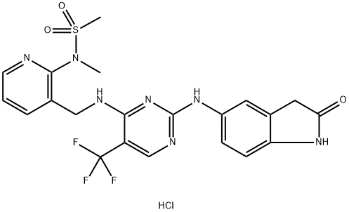 MethanesulfonaMide, N-[3-[[[2-[(2,3-dihydro-2-oxo-1H-indol-5-yl)aMino]-5-(trifluoroMethyl)-4-pyriMidinyl]aMino]Methyl]-2-pyridinyl]-N-Methyl-, hydrochloride (1:1) Struktur