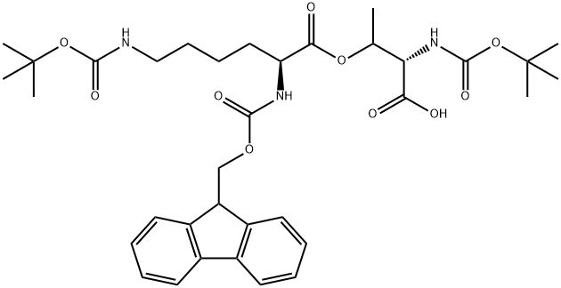 O-[N2-(9H-フルオレン-9-イルメトキシカルボニル)-N6-(tert-ブチルオキシカルボニル)-L-リシル]-N-(tert-ブチルオキシカルボニル)-L-トレオニン 化学構造式