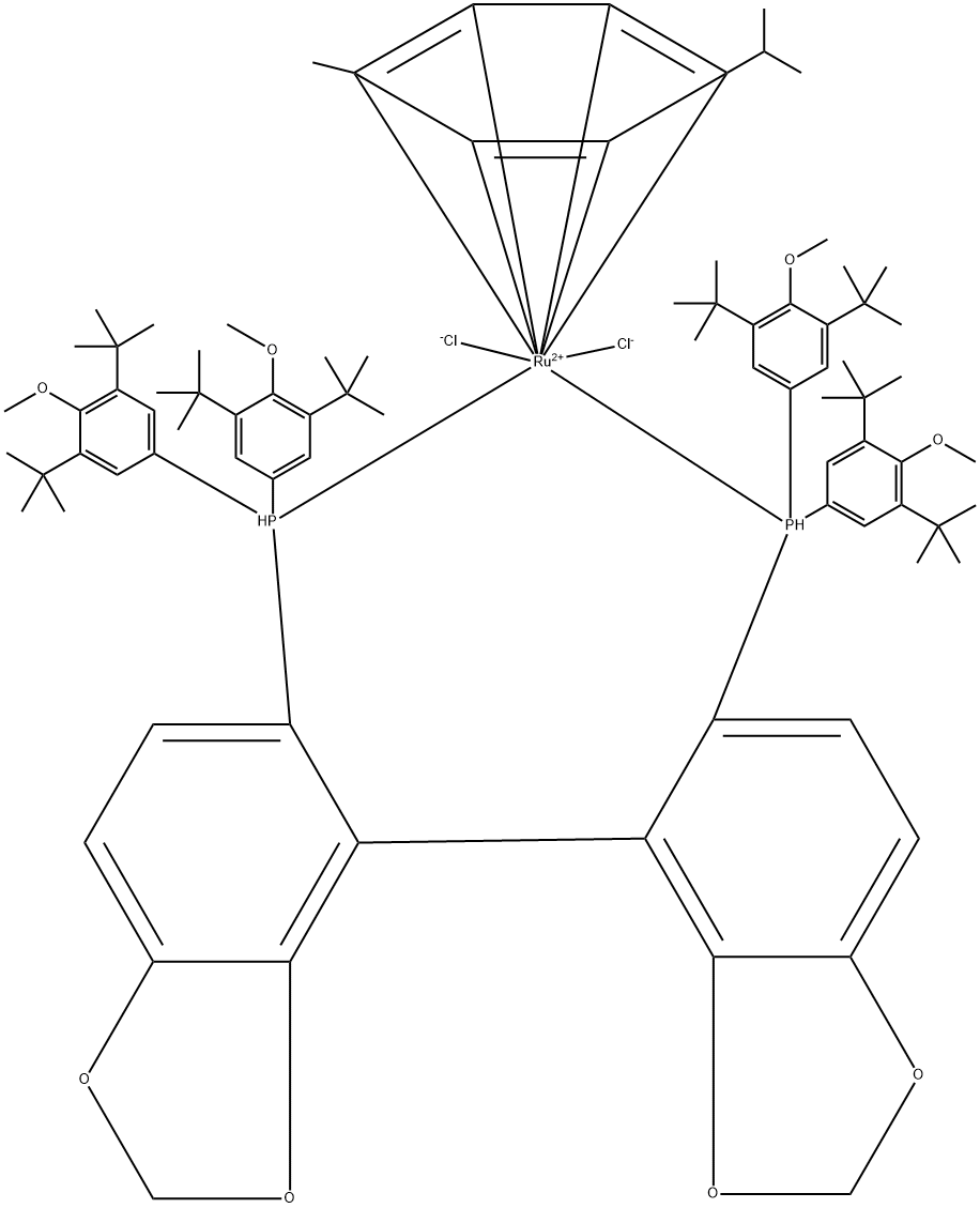 Chloro{(R)-(-)-5,5'-bis[di(3,5-di-t-butyl-4-methoxyphenyl)phosphino]-4,4'-bi-1,3-benzodioxole}(p-cymene)ruthenium(II)chloride[RuCl(p-cymene) ((R)-dtbm-segphos)]Cl　 Struktur