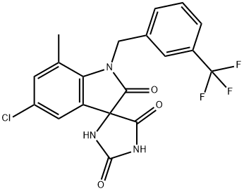 Spiro[imidazolidine-4,3'-[3H]indole]-2,2',5(1'H)-trione, 5'-chloro-7'-methyl-1'-[[3-(trifluoromethyl)phenyl]methyl]- Struktur