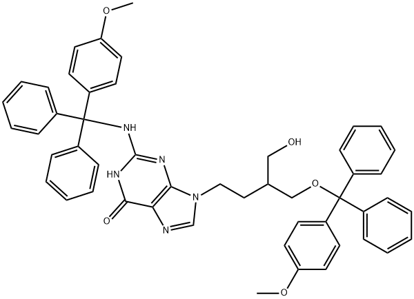 6H-Purin-6-one, 1,9-dihydro-9-[4-hydroxy-3-[[(4-methoxyphenyl)diphenylmethoxy]methyl]butyl]-2-[[(4-methoxyphenyl)diphenylmethyl]amino]- Structure