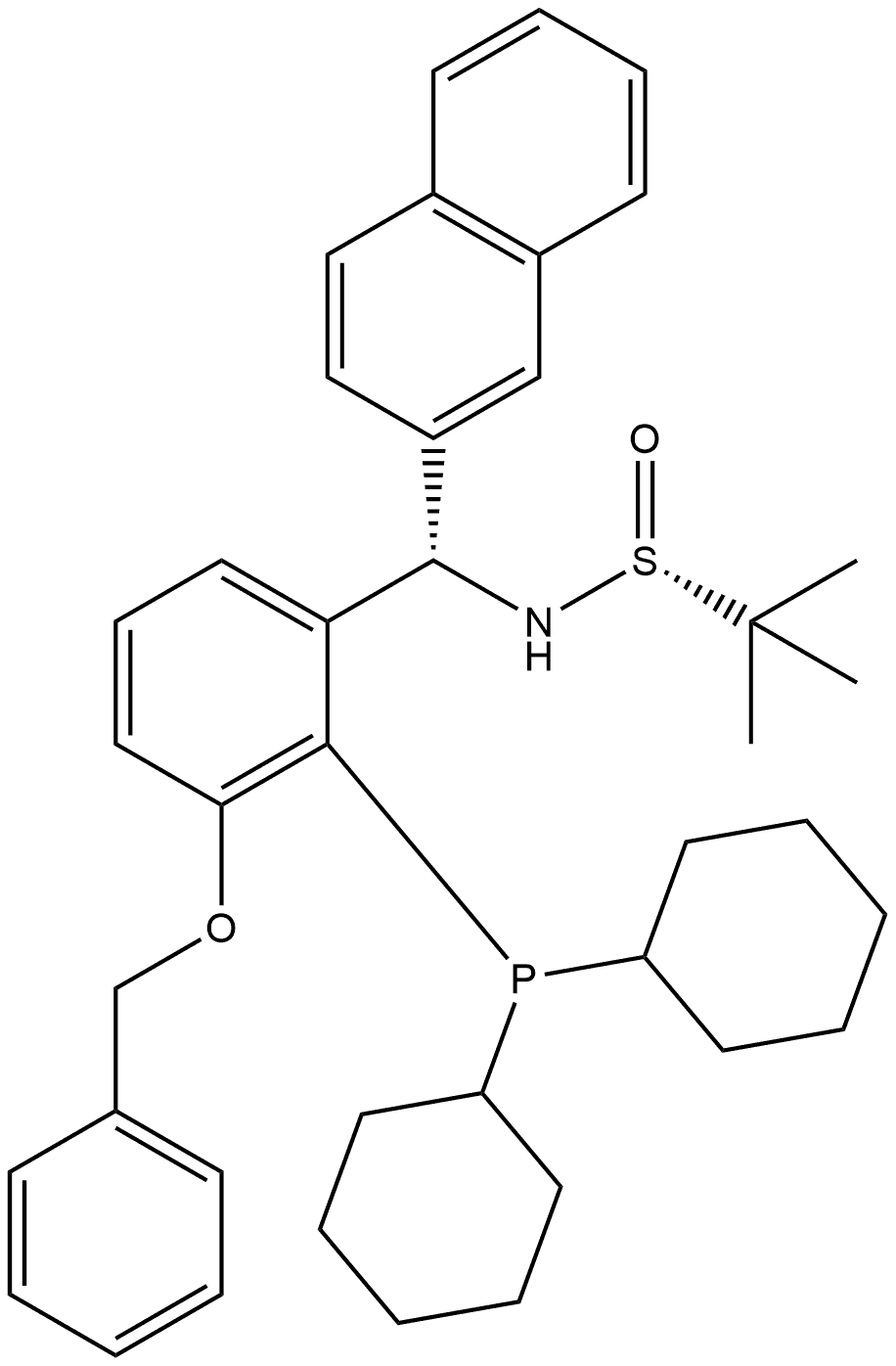[S(R)]-N-[(S)-[3-(Benzyloxy)-2-(dicyclohexylphosphino)phenyl]-(2-naphthalenyl)methyl]-2-methyl-2-propanesulfinamide 化学構造式