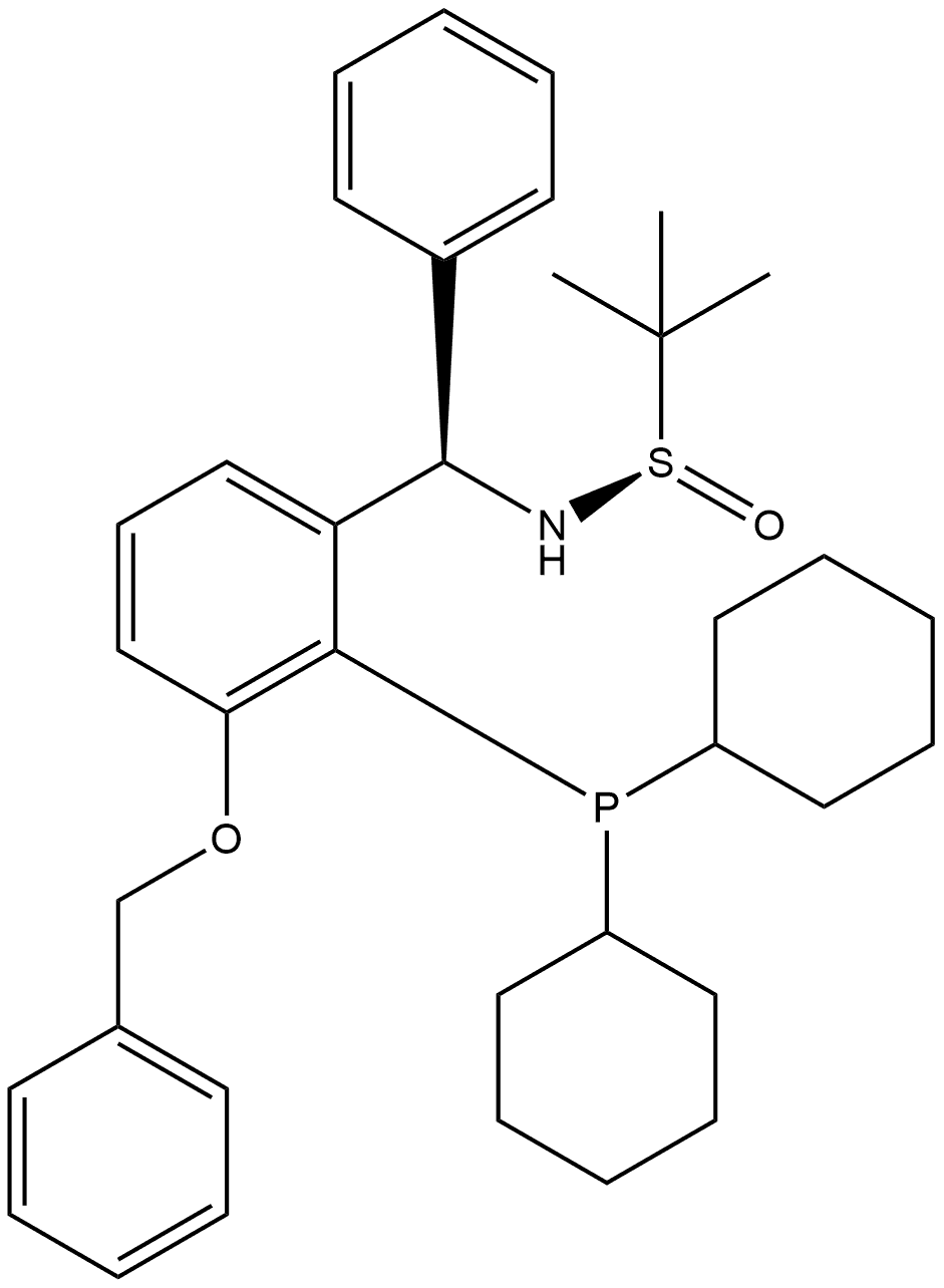 [S(R)]-N-[(R)-[(3-(Benzyloxy)-2-(dicyclohexylphosphino)phenyl)phenylmethyl]-2-methyl-2-propanesulfinamide 化学構造式