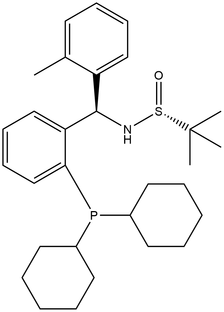 S(R)]-N-[(R)-(2-Methylphenyl)[2-(dicyclohexylphosphino)phenyl]methyl]-2-methyl-2-propanesulfinamide Struktur