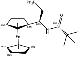 [S(R)]-N-[(1S)-1-Ferrocenylethyl-2-(diphenylphosphino)ethyl]-2-methyl-2-propanesulfinamide 化学構造式