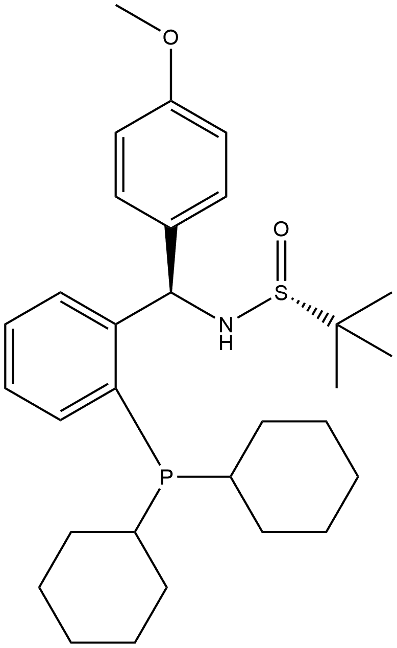S(R)]-N-[(R)-(4-Methoxyphenyl)[2-(dicyclohexylphosphino)phenyl]methyl]-2-methyl-2-propanesulfinamide 化学構造式