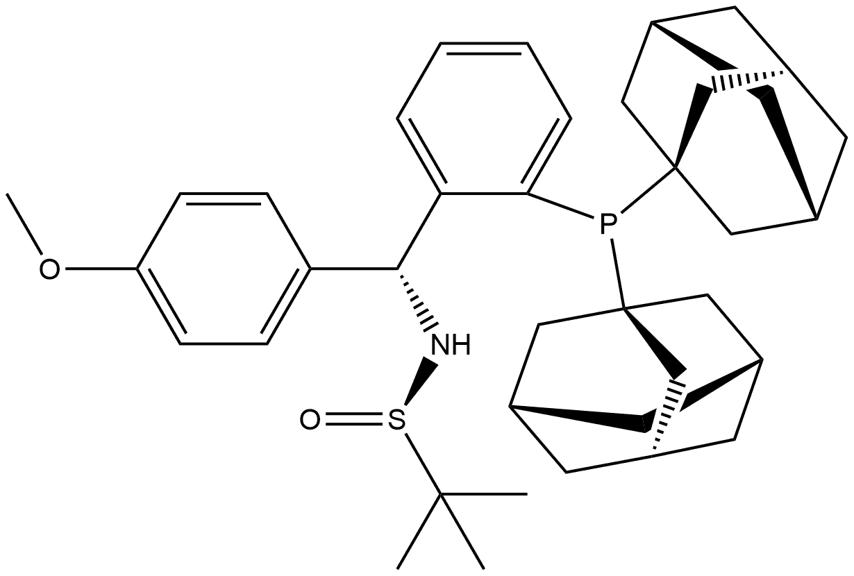 [S(R)]-N-[(R)-(4-(Methoxyphenyl)phenyl)[2-(Diadamantanphosphino)phenyl]methyl]-2-methyl-2-propanesulfinamide 化学構造式