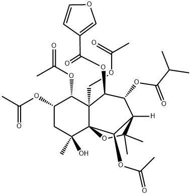 3-Furancarboxylic acid, (3R,4R,5R,5aS,6R,7S,9S,9aS,10R)-6,7,10-tris(acetyloxy)-5a-[(acetyloxy)methyl]octahydro-9-hydroxy-2,2,9-trimethyl-4-(2-methyl-1-oxopropoxy)-2H-3,9a-methano-1-benzoxepin-5-yl ester Structure