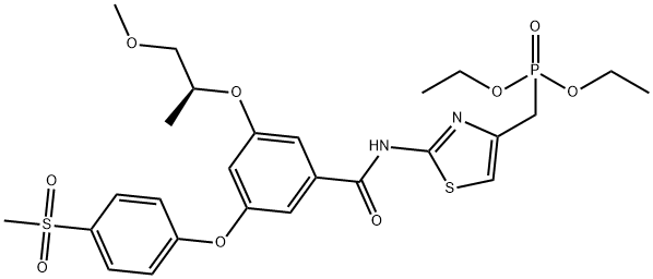 Phosphonic acid, P-[[2-[[3-[(1S)-2-methoxy-1-methylethoxy]-5-[4-(methylsulfonyl)phenoxy]benzoyl]amino]-4-thiazolyl]methyl]-, diethyl ester Struktur