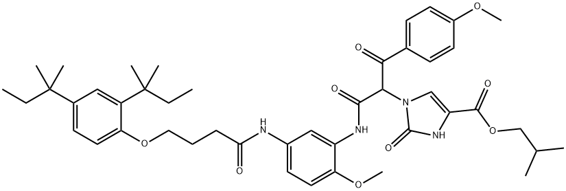 2-メチルプロピル 1-{1-[(5-{4-[2,4-ビス(2-メチルブタン-2-イル)フェノキシ]ブタンアミド}-2-メトキシフェニル)カルバモイル]-2-(4-メトキシフェニル)-2-オキソエチル}-2-オキソ-2,3-ジヒドロ-1H-イミダゾール-4-カルボキシラート 化学構造式