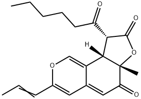 6H-Furo[2,3-h]-2-benzopyran-6,8(6aH)-dione, 9,9a-dihydro-6a-methyl-9-(1-oxohexyl)-3-(1E)-1-propen-1-yl-, (6aS,9R,9aS)- Structure