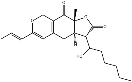 2H-Furo[3,2-g][2]benzopyran-2,9(3H)-dione, 3a,4,8,9a-tetrahydro-3-(1-hydroxyhexyl)-9a-methyl-6-(1E)-1-propen-1-yl-, (3S,3aR,9aR)-,1011244-19-1,结构式