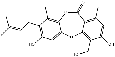 11H-Dibenzo[b,e][1,4]dioxepin-11-one, 3,7-dihydroxy-4-(hydroxymethyl)-1,9-dimethyl-8-(3-methyl-2-buten-1-yl)-,1016605-29-0,结构式