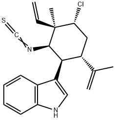 (+)-3-[(1S)-4α-クロロ-3β-エテニル-2β-イソチオシアナト-3-メチル-6α-(1-メチルエテニル)シクロヘキサン-1β-イル]-1H-インドール 化学構造式