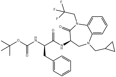 Carbamic acid, N-[(1R)-2-[[(3R)-5-(cyclopropylmethyl)-2,3,4,5-tetrahydro-2-oxo-1-(2,2,2-trifluoroethyl)-1H-1,5-benzodiazepin-3-yl]amino]-2-oxo-1-(phenylmethyl)ethyl]-, 1,1-dimethylethyl ester 化学構造式