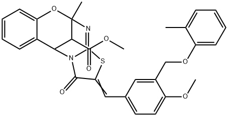 methyl 1~2~-{4-methoxy-3-[(2-methylphenoxy)methyl]benzylidene}-1~7~-methyl-1~3~-oxo-1~2~,1~3~,1~6~,1~7~-tetrahydro-3(1,2)-benza-2-oxa-1(5,7)-1~5~H-[1,3]thiazolo[3,2-a]pyrimidinacyclopropaphane-1~6~-ca
rboxylate Structure