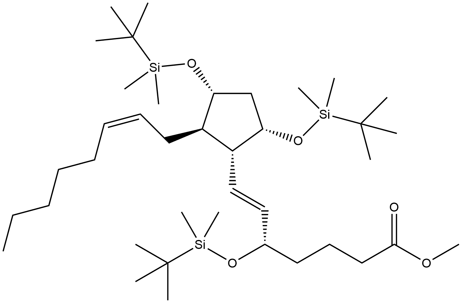 Prosta-6,14-dien-1-oic acid, 5,9,11-tris[[(1,1-dimethylethyl)dimethylsilyl]oxy]-, methyl ester, (5S,6E,8α,9α,11α,14Z)- 化学構造式