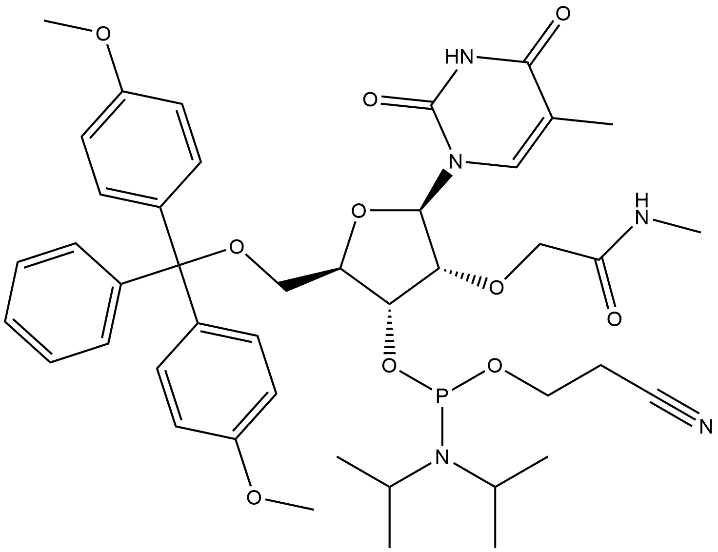 Uridine, 5′-O-[bis(4-methoxyphenyl)phenylmethyl]-5-methyl-2′-O-[2-(methylamino)-2-oxoethyl]-, 3′-[2-cyanoethyl N,N-bis(1-methylethyl)phosphoramidite],1025783-16-7,结构式