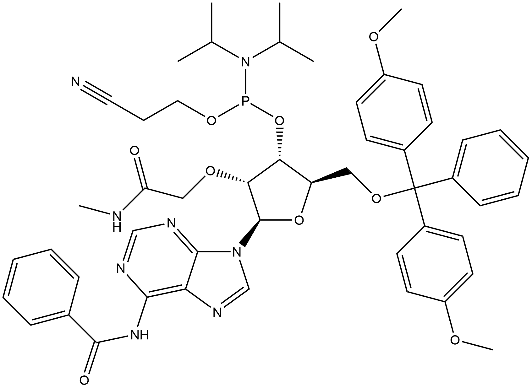 Adenosine, N-benzoyl-5'-O-[bis(4-methoxyphenyl)phenylmethyl]-2'-O-[2-(methylamino)-2-oxoethyl]-, 3'-[2-cyanoethyl N,N-bis(1-methylethyl)phosphoramidite] Struktur