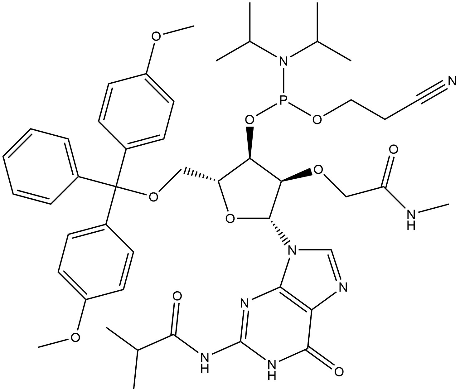 Guanosine, 5'-O-[bis(4-methoxyphenyl)phenylmethyl]-2'-O-[2-(methylamino)-2-oxoethyl]-N-(2-methyl-1-oxopropyl)-, 3'-[2-cyanoethyl N,N-bis(1-methylethyl)phosphoramidite] Struktur