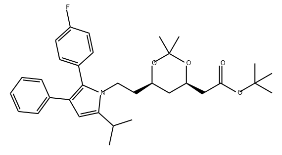 1,3-Dioxane-4-acetic acid, 6-[2-[2-(4-fluorophenyl)-5-(1-methylethyl)-3-phenyl-1H-pyrrol-1-yl]ethyl]-2,2-dimethyl-, 1,1-dimethylethyl ester, (4R,6R)- Structure