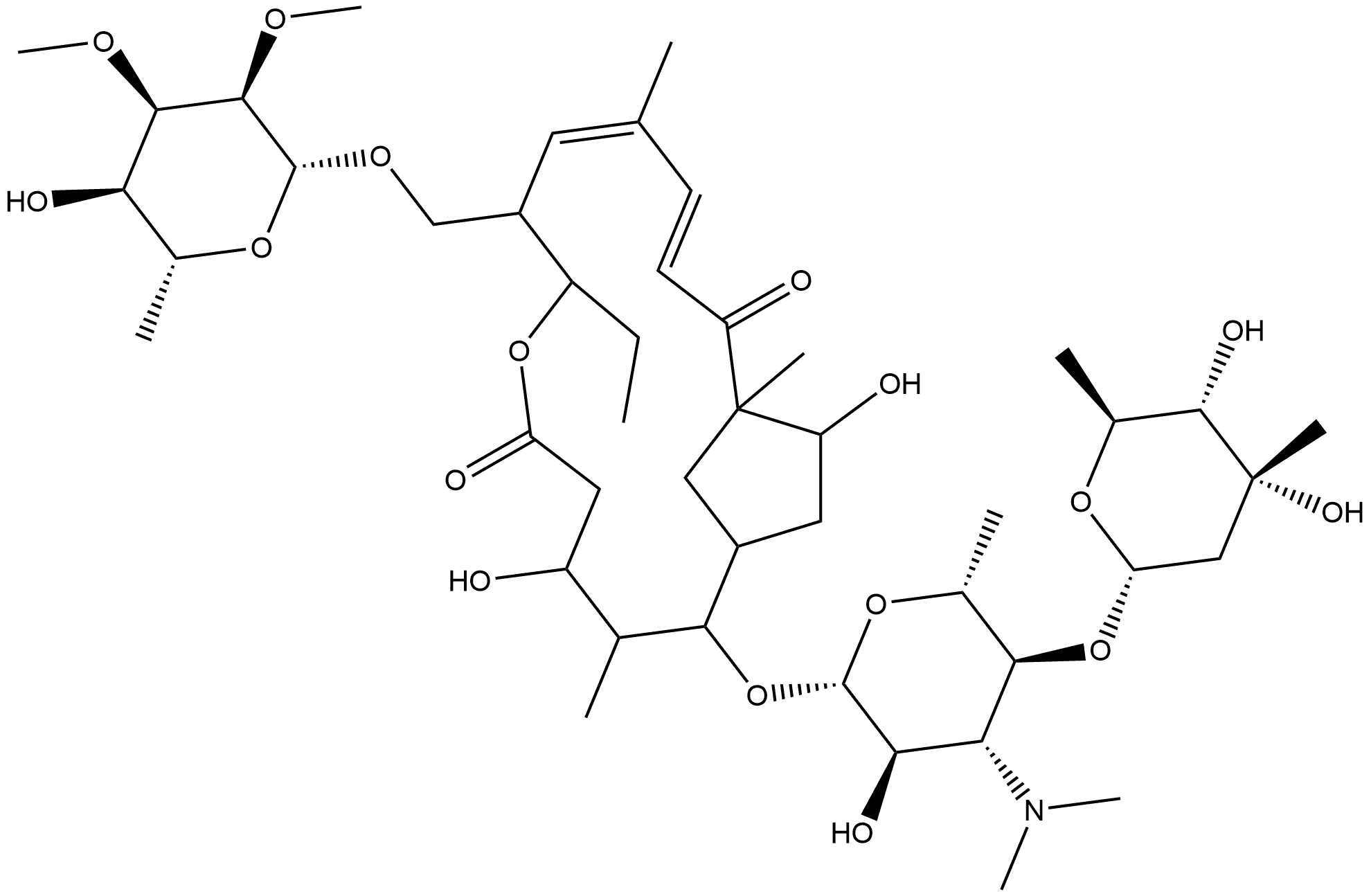 7-Oxabicyclo[13.2.1]octadeca-10,12-diene-6,14-dione, 9-[[(6-deoxy-2,3-di-O-methyl-β-D-allopyranosyl)oxy]methyl]-2-[[3,6-dideoxy-4-O-(2,6-dideoxy-3-C-methyl-α-L-ribo-hexopyranosyl)-3-(dimethylamino)-β-D-glucopyranosyl]oxy]-8-ethyl-4,16-dihydroxy-3,11,15-trimethyl- (9CI) 化学構造式