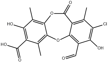 11H-Dibenzo[b,e][1,4]dioxepin-7-carboxylic acid, 2-chloro-4-formyl-3,8-dihydroxy-1,6,9-trimethyl-11-oxo- 化学構造式