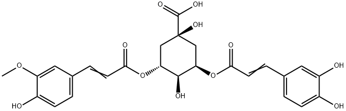 Cyclohexanecarboxylic acid, 3-[[3-(3,4-dihydroxyphenyl)-1-oxo-2-propen-1-yl]oxy]-1,4-dihydroxy-5-[[3-(4-hydroxy-3-methoxyphenyl)-1-oxo-2-propen-1-yl]oxy]-, (1S,3R,4R,5R)- Structure