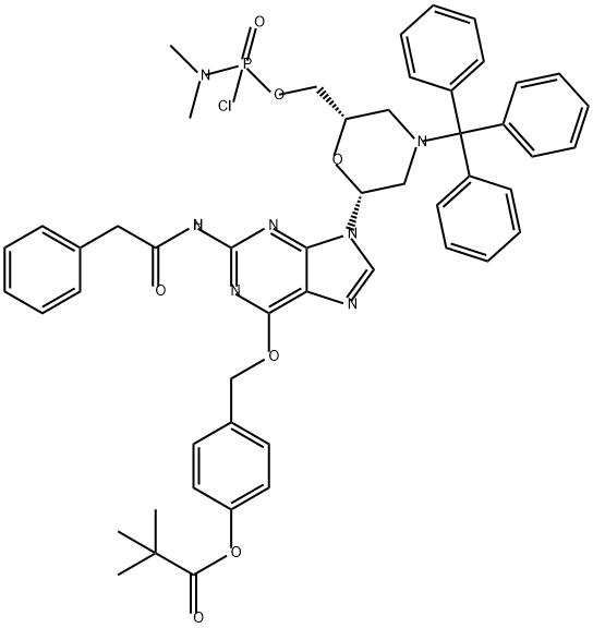 Propanoic acid, 2,2-dimethyl-, 4-[[[9-[(2R,6S)-6-[[[chloro(dimethylamino)phosphinyl]oxy]methyl]-4-(triphenylmethyl)-2-morpholinyl]-2-[(2-phenylacetyl)amino]-9H-purin-6-yl]oxy]methyl]phenyl ester Structure