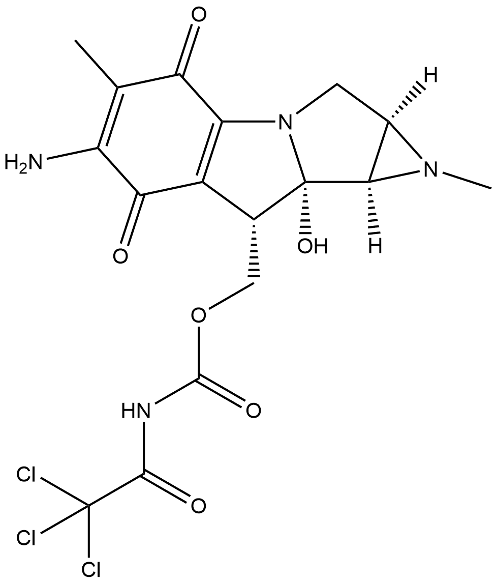 Carbamic acid, (trichloroacetyl)-, (6-amino-1,1a,2,4,7,8,8a,8b-octahydro-8a-hydroxy-1,5-dimethyl-4,7-dioxoazirino[2'.3':3,4]pyrrolo[1,2-a]indol-8-yl)methyl ester, [1aS-(1aα,8α,8aα,8bα)]- (9CI) 化学構造式